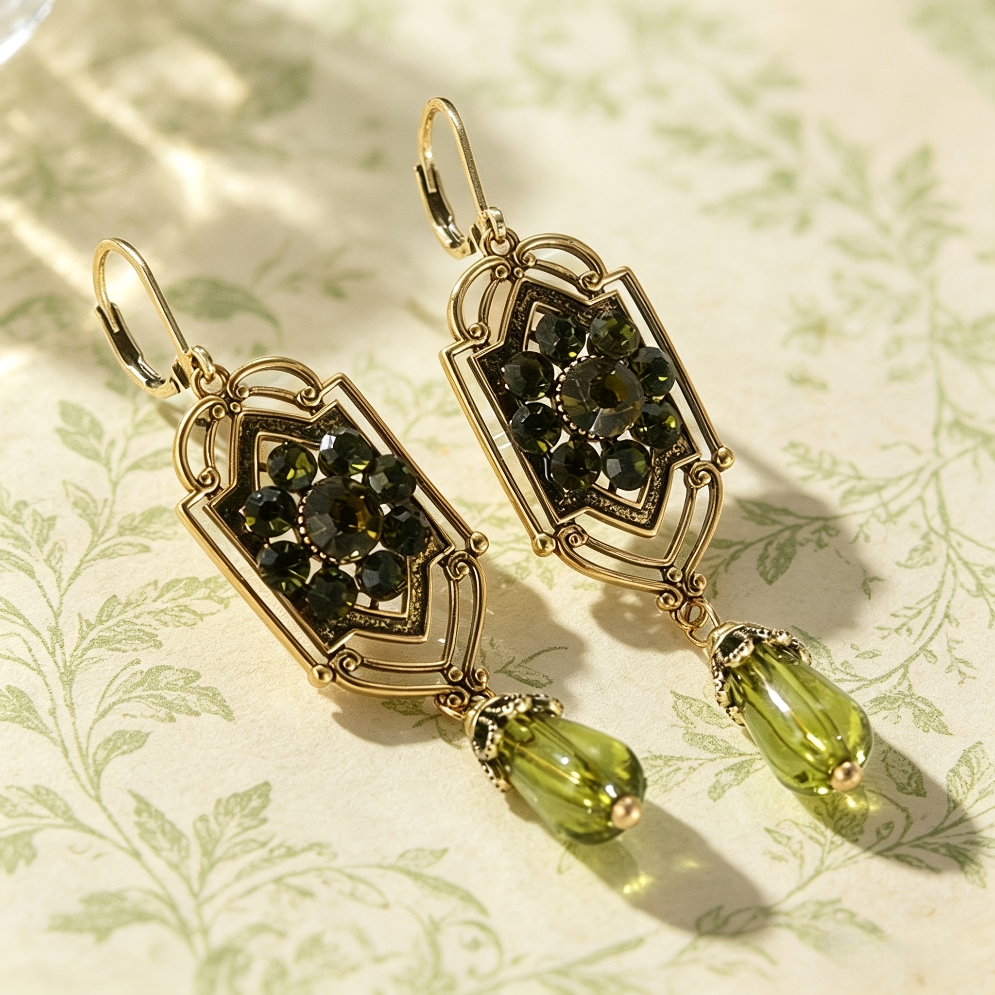 French-Style Art Deco Green Chandelier Earrings
